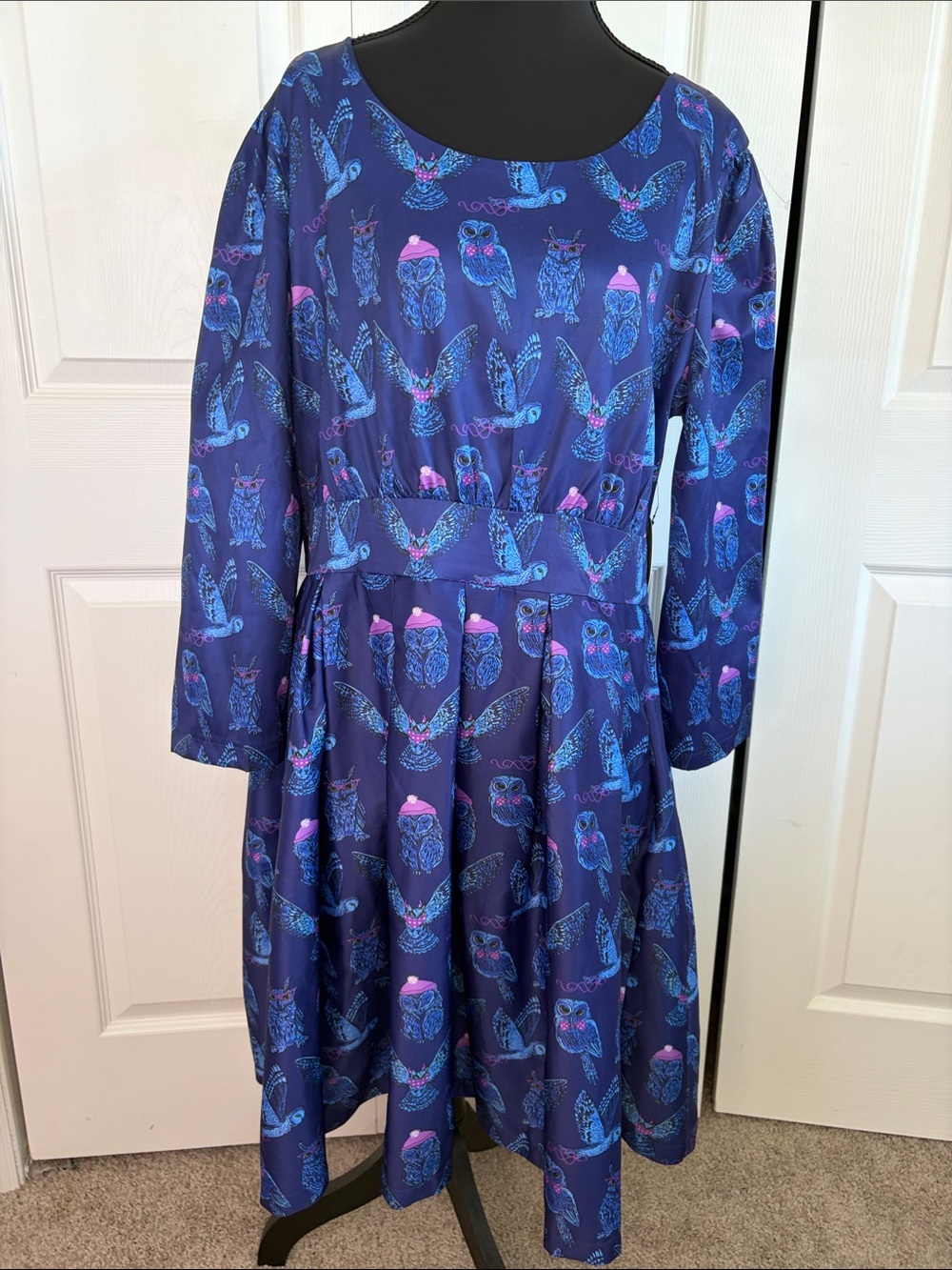 Lindy Bop Retro Blue Pink Owl Print Fit & Flare Dress Pockets Size 14 NWT